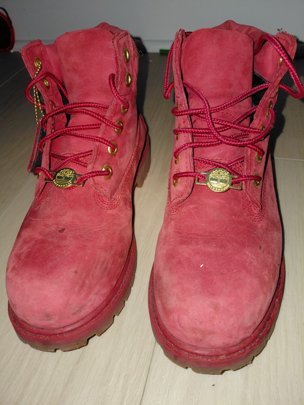 Timberland Kids Red Suede Lace-Up Boots with Gold Logo Hardware